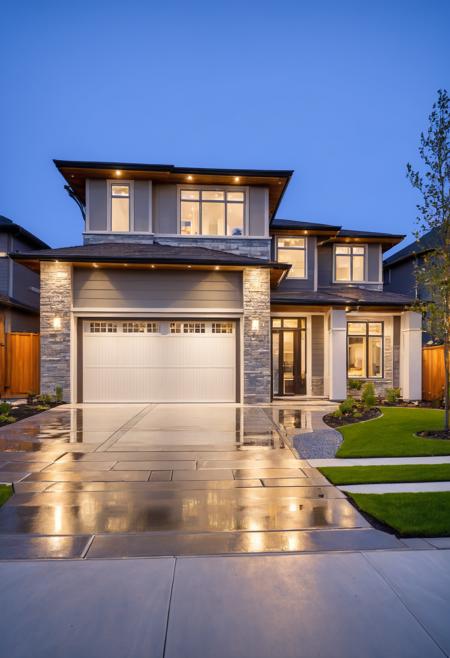 00159-suburban house, dusk, modern architecture, two-story, garage doors, wet driveway, landscaped, front lawn, exterior lighting, cle.png